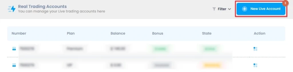 Click on the "New Live Account" Button