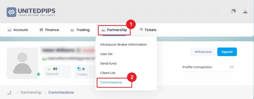 Navigate to Partnership > Commissions