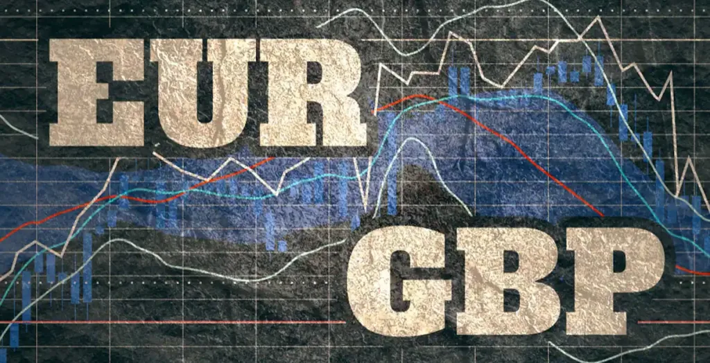 EURGBP- The image shows large EUR GBP text overlaid on a financial chart with fluctuating lines representing market data and trends