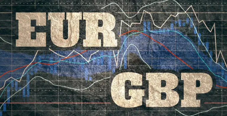 EURGBP- The image shows large EUR GBP text overlaid on a financial chart with fluctuating lines representing market data and trends